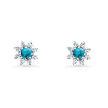 Minimalist 8.2mm Floral Stud Earrings Turquoise & Cubic Zirconia 925 Sterling Silver Wholesale